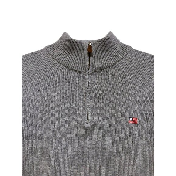 Y2K Polo Ralph Lauren Flag Quarter Zip Pullover L Gray Ribbed 100% Cotton SOFT - Picture 3 of 7
